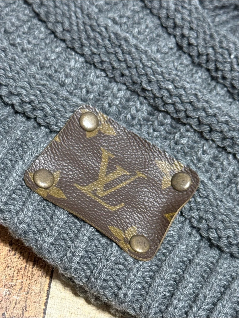 Upcycled luxury CC Pom Pom gray beanie hat  One size  Good pre owned condition